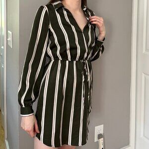 Green with Red and White Striped Tie Waist Shirtdress